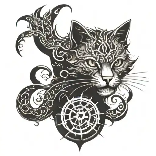 Design a full sleeve tattoo for the left arm in blackwork style, with elements of red. The tattoo should incorporate Cat tattoo design idea