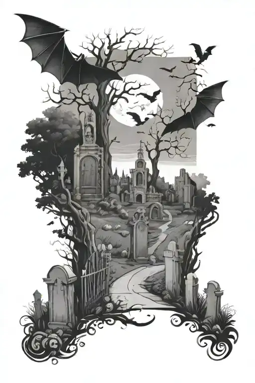 graveyard sceen with path, trees growing, bats flying tattoo design idea