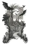 graveyard sceen with path, trees growing, bats flying tattoo design idea