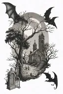 graveyard sceen with path, trees growing, bats flying tattoo design idea