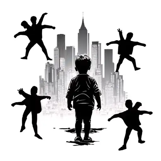 outline of a small child in the city, surrounded by outlines of people tattoo design idea