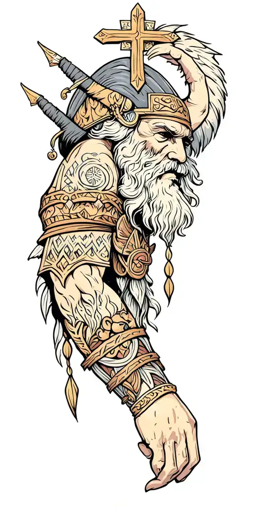 upper arm sleeve featuring Viking and tribal aspects with a cross on top with some sort of military thing aspect tattoo design idea