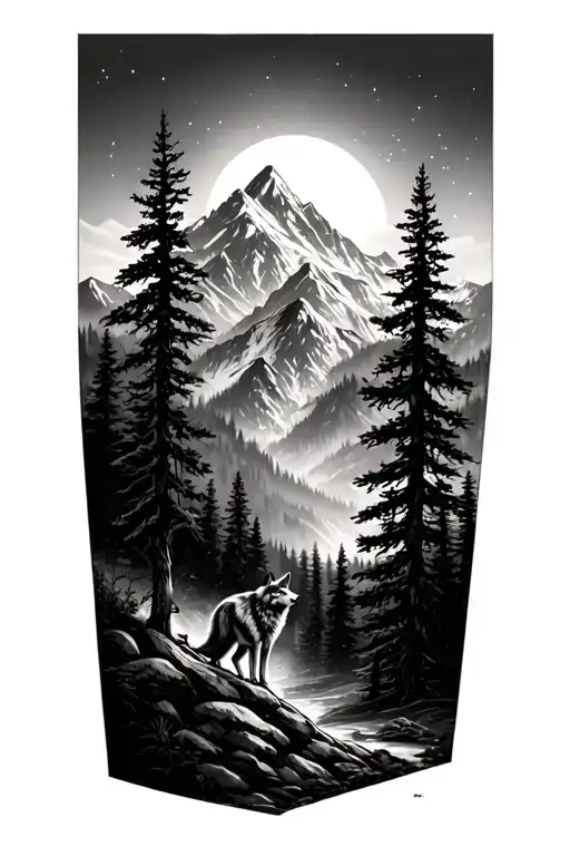 Nature trees mountain and wolf howling tattoo design idea