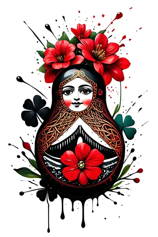 irish shamrocks woven into a celtic,Russian doll, azalea flowers, Canadian killer whale indigenous art sleeve tatoo tattoo design idea