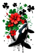 irish shamrocks woven into a celtic,Russian doll, azalea flowers, Canadian killer whale indigenous art sleeve tatoo tattoo design idea