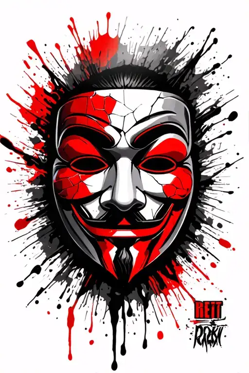 “A dark-themed shoulder and upper arm tattoo featuring a cracked, shadowed Guy Fawkes mask with anti-capitalist symbolis tattoo design idea