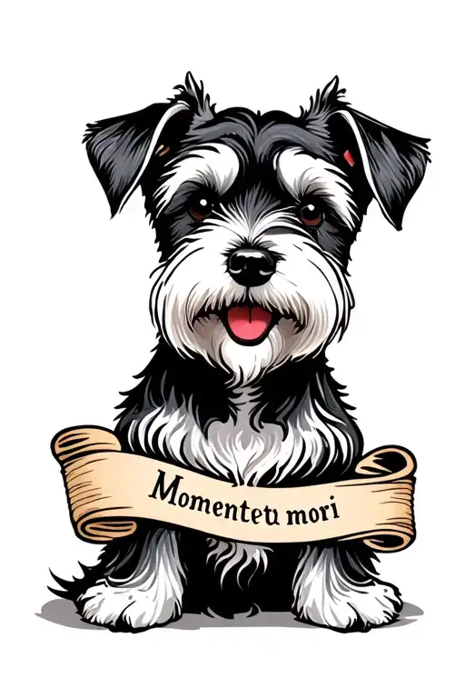 white and black Miniature Schnauzer that looks happy with a scroll text that says momento mori  tattoo design idea