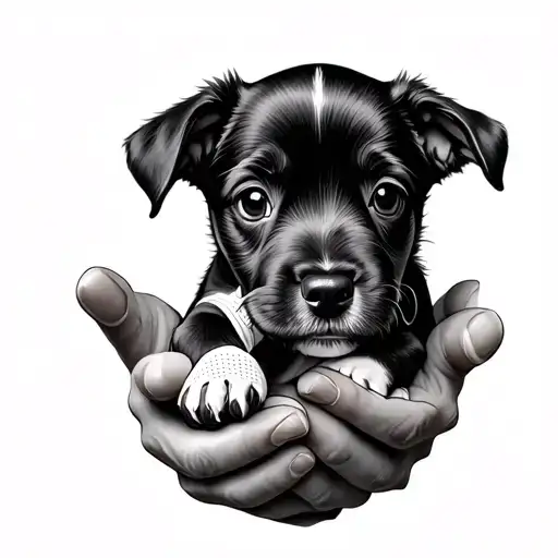 A black-grey tattoo of a vet tech's hands holding a puppy with a bandage on its paw tattoo design idea
