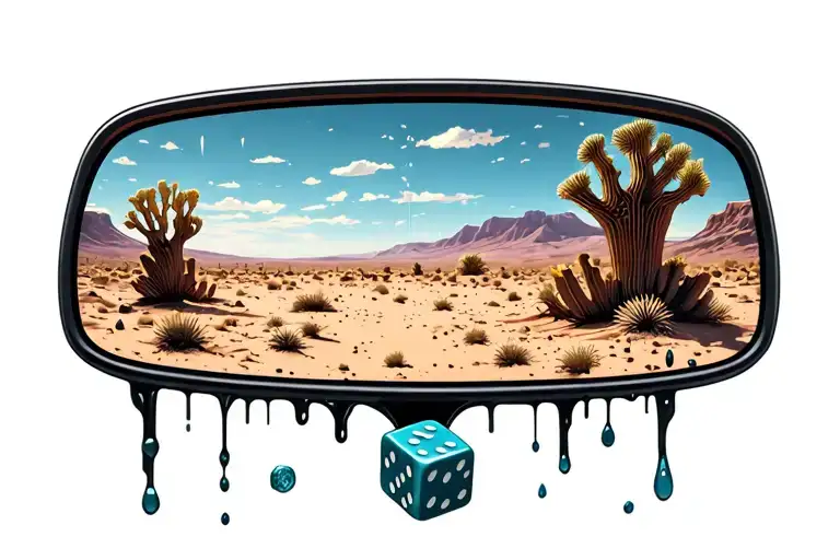rear view mirror reflecting the desert landscape with melted dice  hanging from the mirror tattoo design idea