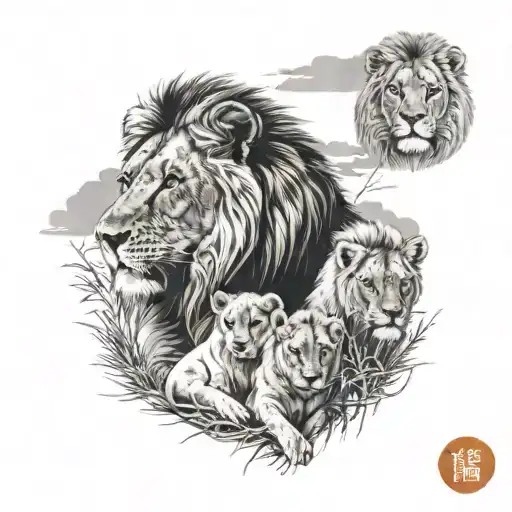 Can you make a picture with a male lion, female lion, two male cubs and two female cubs. In a landscape of a Savannah tattoo design idea