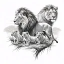 Can you make a picture with a male lion, female lion, two male cubs and two female cubs. In a landscape of a Savannah tattoo design idea
