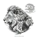 Can you make a picture with a male lion, female lion, two male cubs and two female cubs. In a landscape of a Savannah tattoo design idea