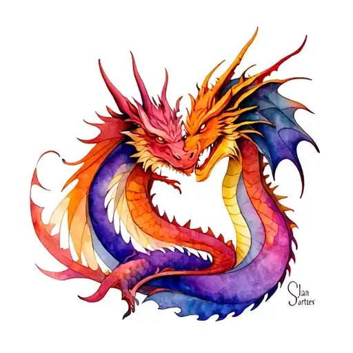 "Sloan and Carters" face to face dragons intertwined tattoo design idea