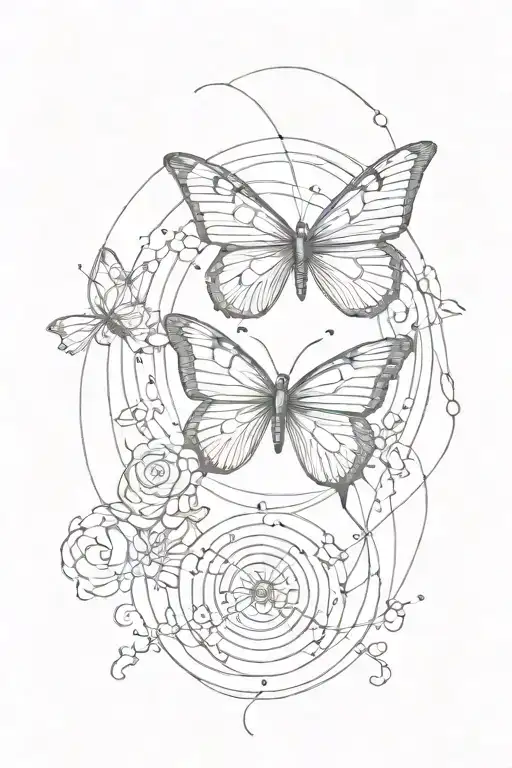 three vertical lines with three circles and a butterfly in the middle tattoo design idea