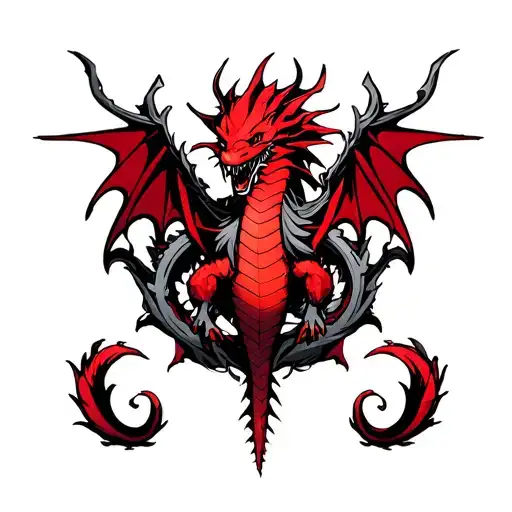 bio mechanical red dragon fairy tail emblem surrounded tattoo design idea