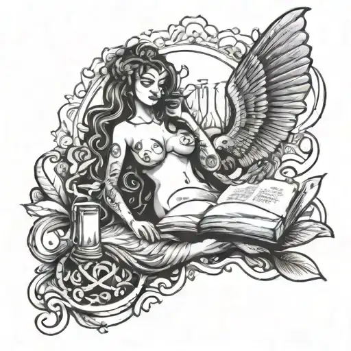 A sexy siren with a book, combining the client's passion for writing and sexuality tattoo design idea
