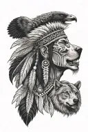 native american chef with wolf howling and bear and eagle  tattoo design idea