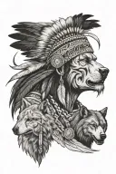 native american chef with wolf howling and bear and eagle  tattoo design idea