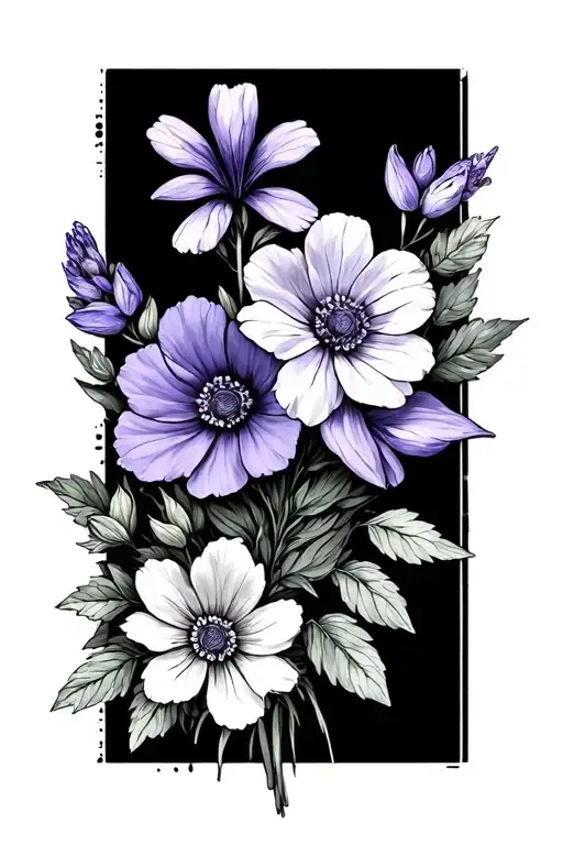 violet and larkspur flowers bouquet fine line tattoo design idea