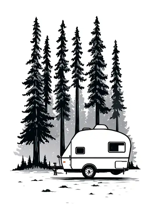 i want two evergreen trees long and skinny with a camping trailer in the middle to represent pnw and my hometown tattoo design idea