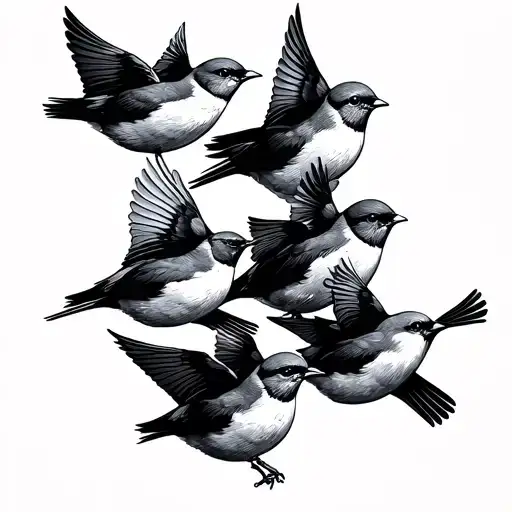 A minimalist black ink tattoo of 7 small birds (swallows or sparrows) in flight, arranged in a gentle upward curve. Five tattoo design idea