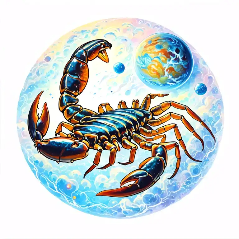 "Big scorpion on the shoulder blade. space, cosmic fetures, planets, life. tattoo design idea