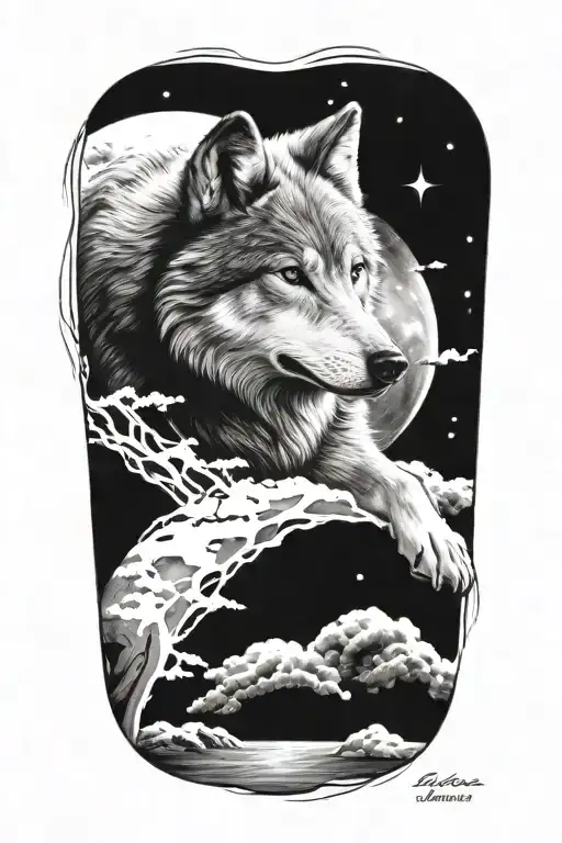 wolf space tattoo design idea