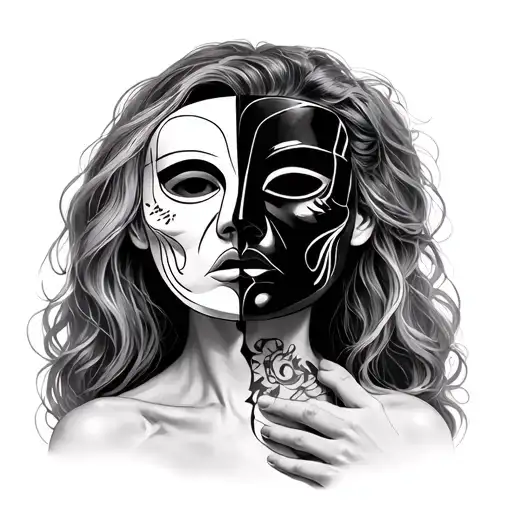 conceptual tattoo of a person holding a mask that shows the opposite emotion of their real face, abstract fine line blac tattoo design idea