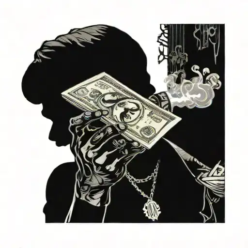 A hustler's silhouette holding a smoking joint and a stack of cash, embodying the lifestyle of a music-loving entrepreneur tattoo design idea