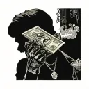 A hustler's silhouette holding a smoking joint and a stack of cash, embodying the lifestyle of a music-loving entrepreneur tattoo design idea