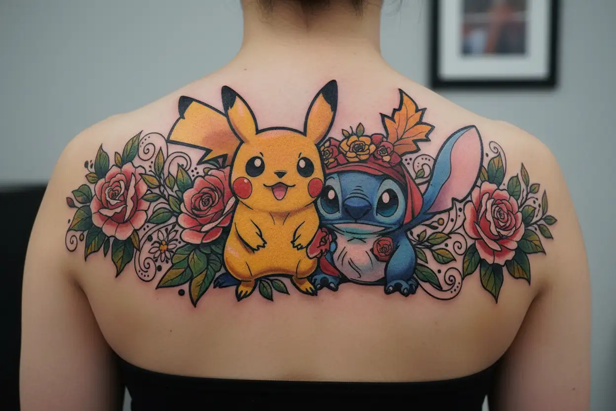 Make a tattoo design, colorful, symbolizing the love of drawing, and include the character Pikachu and Stitch tattoo design idea