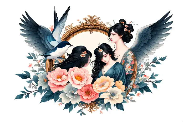 angel photo frame flowers love birds surrounding them tattoo design idea