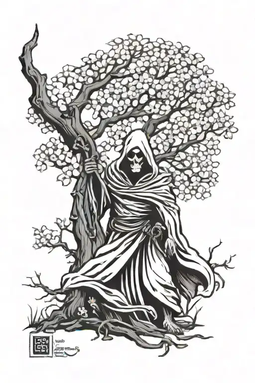 grim reaper standing under a dogwood tree with a large trunk tattoo design idea