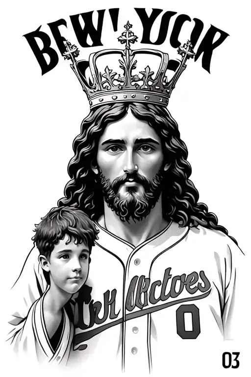 Jesus with a crown and then holding younger me in a tee ball jersey number 0 with 3:03 at the bottom tattoo design idea