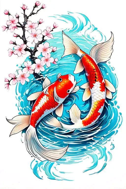 arm sleeve tattoo of 2 koi fish in colour in a stream of water in the colour blue with a cherry blossom tree tattoo design idea