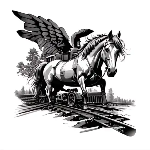 a leg tattoo sleeve by using an imprint of a paw, a knight, a mustang horse, and train tracks tattoo design idea