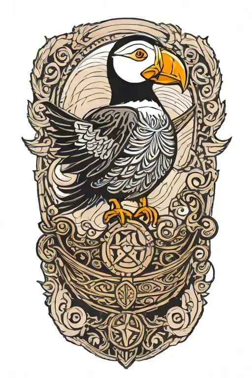 male puffin with an old scandinavian viking ship at sea tattoo design idea