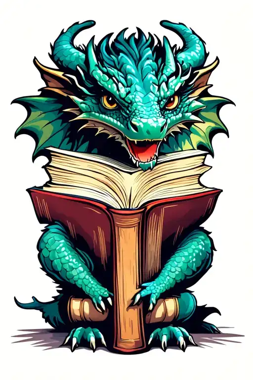 Book Dragon reading books surrounded by books tattoo design idea