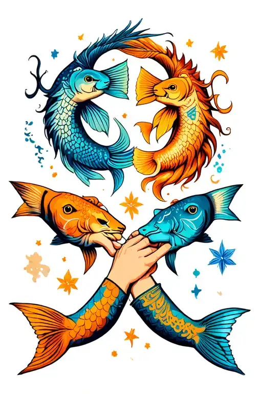 Pisces, Leo, Sagittarius family holding hands tattoo design idea