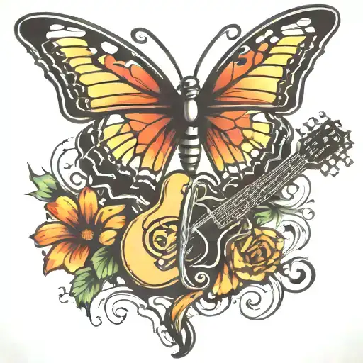butterfly broken wing with guitar intertwined tattoo design idea