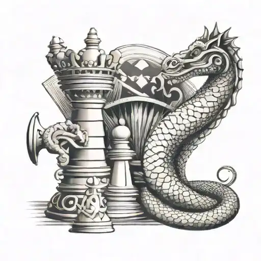 king chess piece, book, snake, portal to fantasy world tattoo design idea
