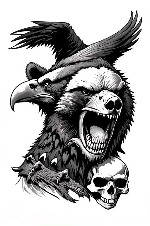 angry bear, eagle, skull, forrest tattoo design idea