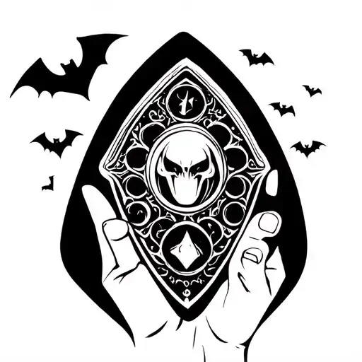 planchette on a hand w bats flying tattoo design idea