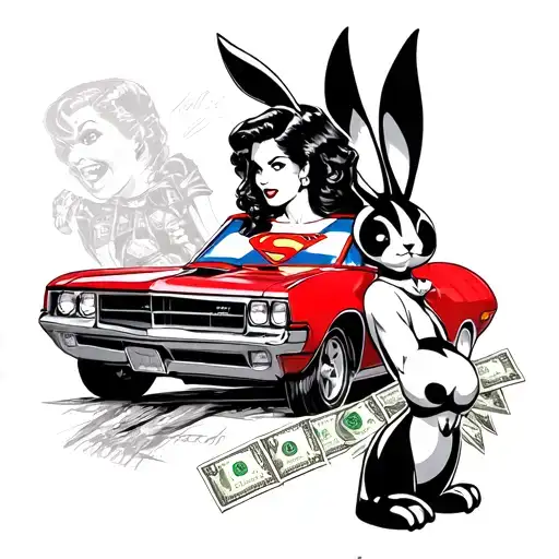 Betty boo, Superman, red Pontiac, money, playboy bunny logo tattoo design idea