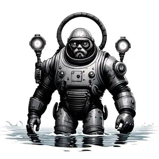 Bioshock big daddy walking on the ocean floor with search lights tattoo design idea