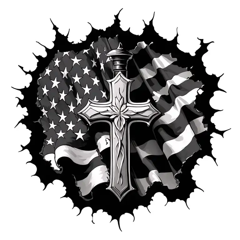 cross, American flag inside torn skin tattoo design idea