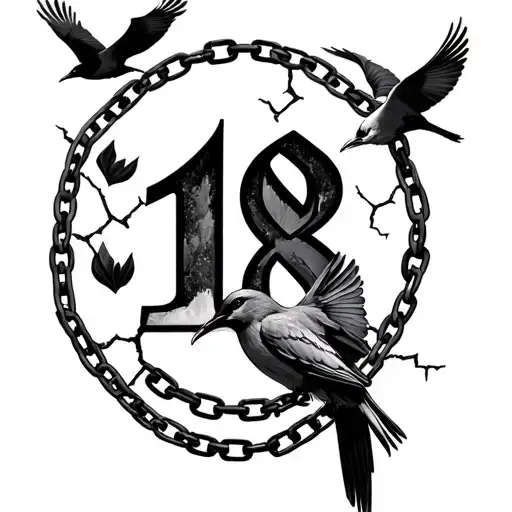 6 flying birds above number 18 and broken chain tattoo design idea