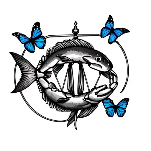 Libra scale weighing pisces fish on one side and cancer crab on the other surrounded by butterflies tattoo design idea