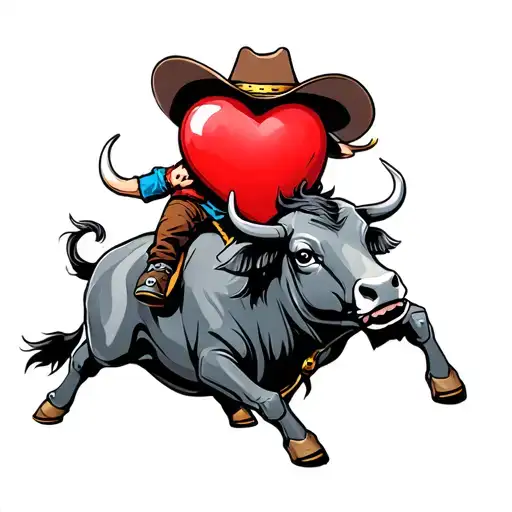 animated heart wearing cowboy hat riding mechanical bull tattoo design idea