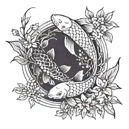 The tattoo depicts two koi fish swimming among delicate leaves and stems. The style is fine and delicate, with thin line tattoo design idea